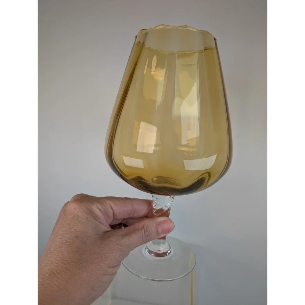 Empoli Glass Amber Spot Optic Glass Footed Large Brandy Snifter Twisted Stem Vng